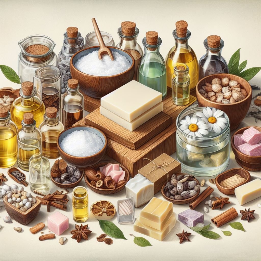 INGRÉDIENTS POUR LA FAIRE DE SAVON - INGREDIENTS FOR MAKING NATURAL SOAP BASE CARRIER OILS, ESSENTIAL OILS, NATURAL ADDITIVES, NATURAL COLORANTS - HUILES ESSENTIELLES
